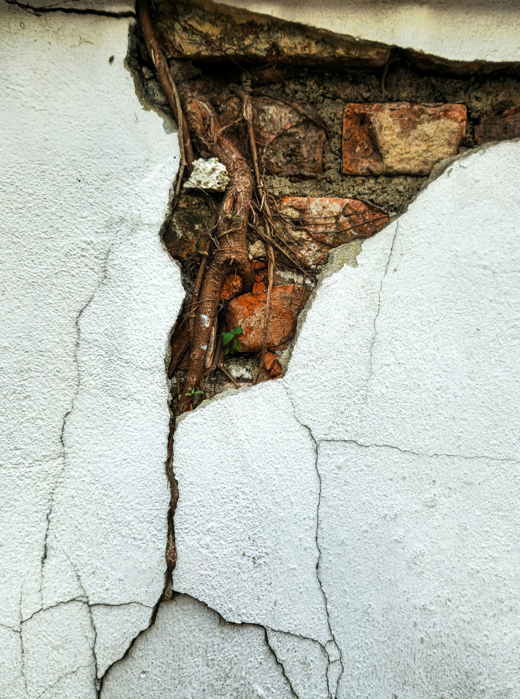 Detalle de fisuras en una pared con ladrillo expuesto