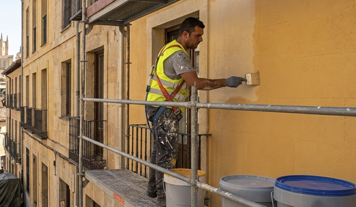 Aplicación de pintura en una fachada desde un andamio
