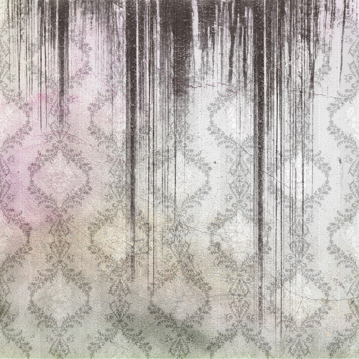 Papel pintado con manchas y marcas verticales de deterioro